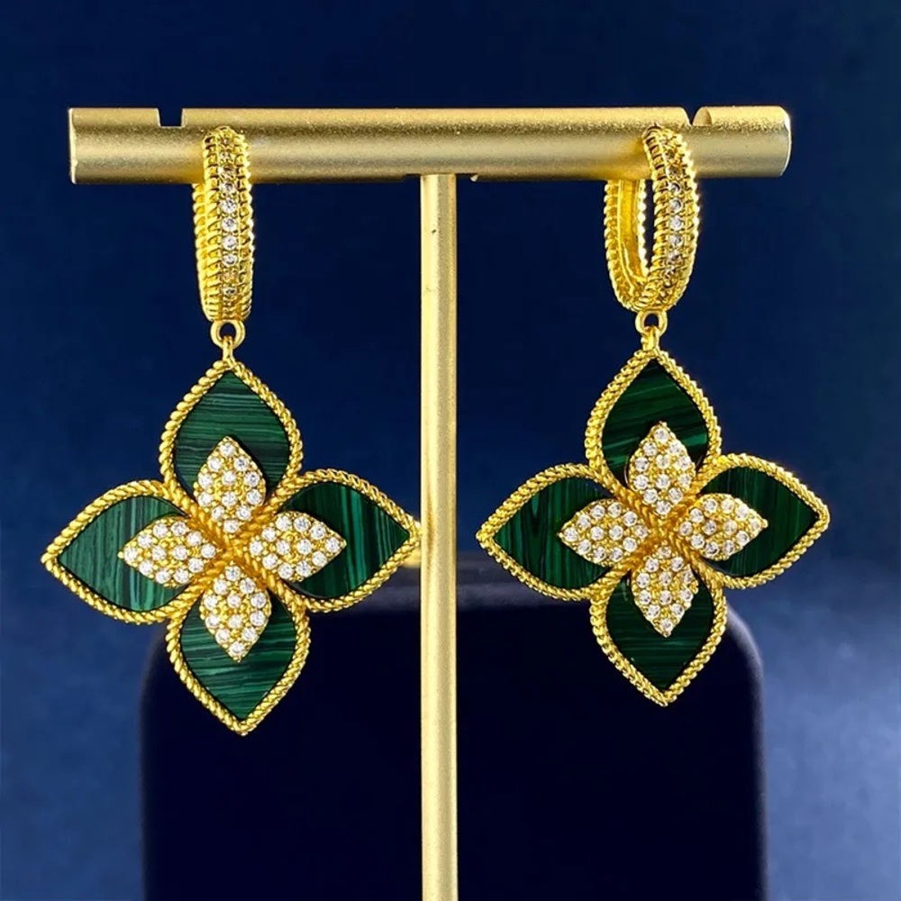 Malachite Flower Dangle Earrings - image 1